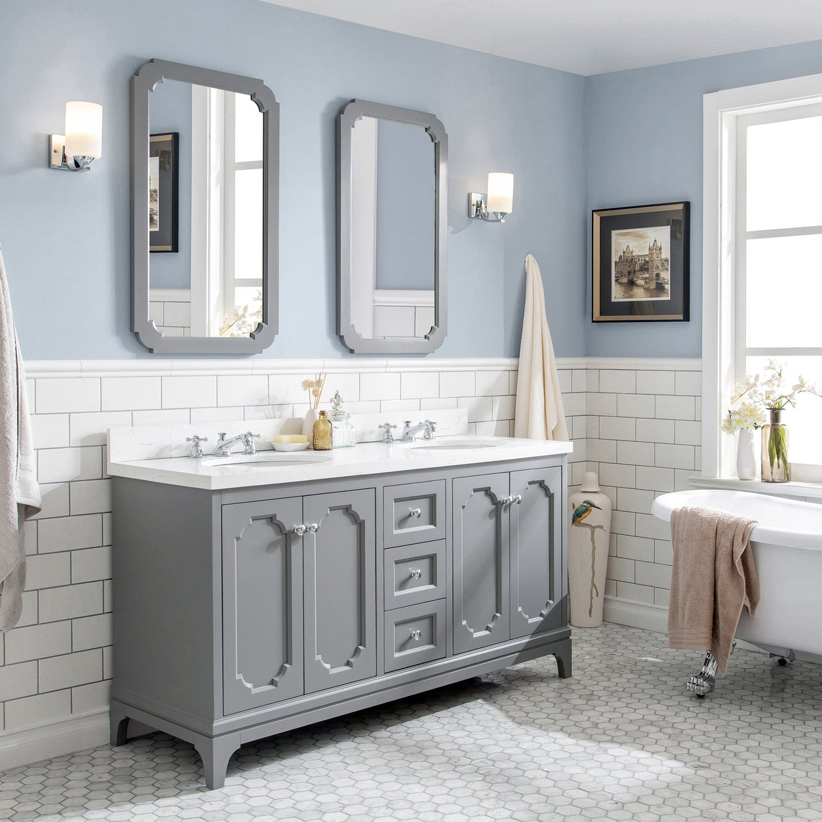 Water Creation Queen 60-Inch Double Sink Quartz Carrara Vanity In Cash
