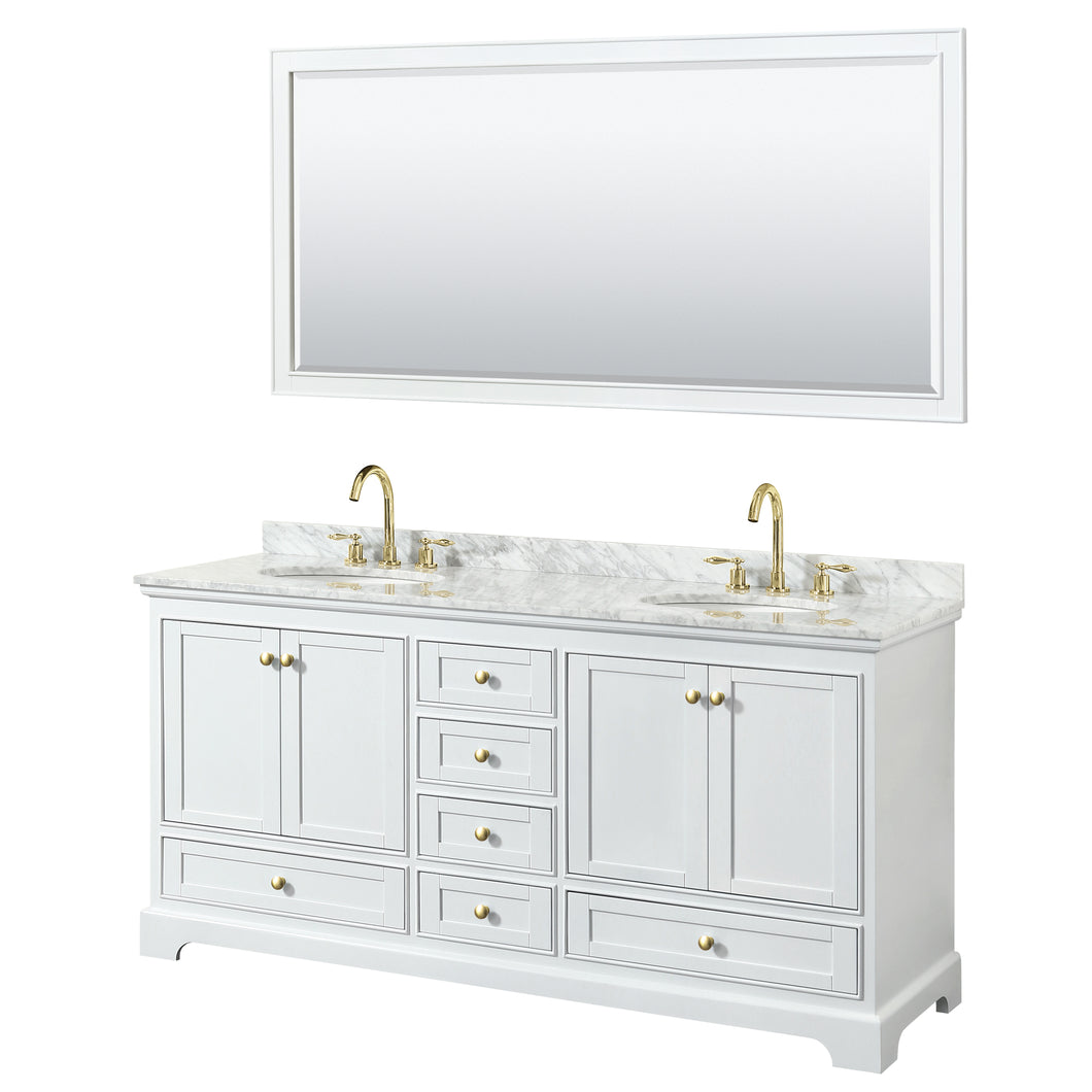 Wyndham Deborah 72 Inch Double Bathroom Vanity in White, White Carrara Marble Countertop, Undermount Oval Sinks, Brushed Gold Trim, 70 Inch Mirror- Wyndham