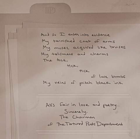 handwritten lyrics from Taylor Swifts upcoming album, The Tortured Poets Department