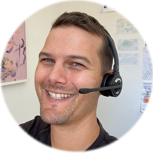 Kevin wearing a Leitner single-ear professional wireless office headset