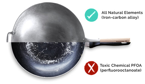 Mammafong Large Flat Bottom 16-inch Traditional Carbon Steel Wok Pan -  Authentic Hand Hammered Woks and Stir Fry Pans - Pow Wok with no chemical