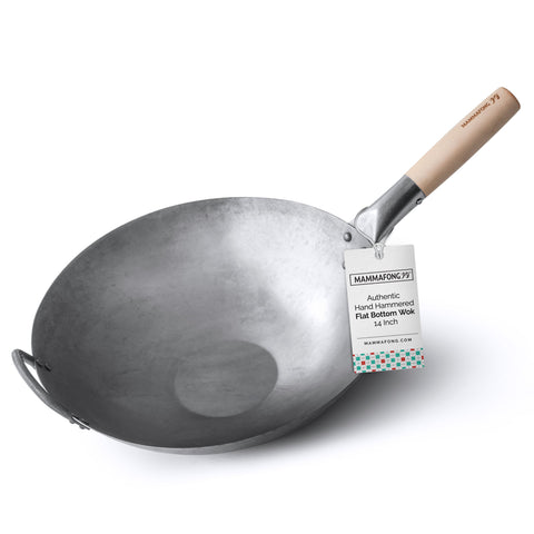 Flat Bottom Wok, Traditional Hand Hammered Wok, 14" Carbon Steel Chinese Pow Wok - mammafong