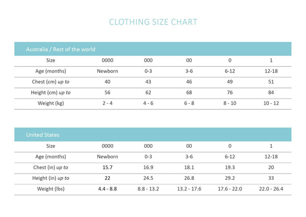 Snuggly Hunny Kids Size Chart