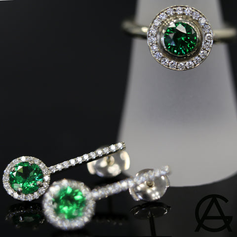 Goldart Tsavorite Garnet Ring with diamond halo Tsavorite earrings with diamonds