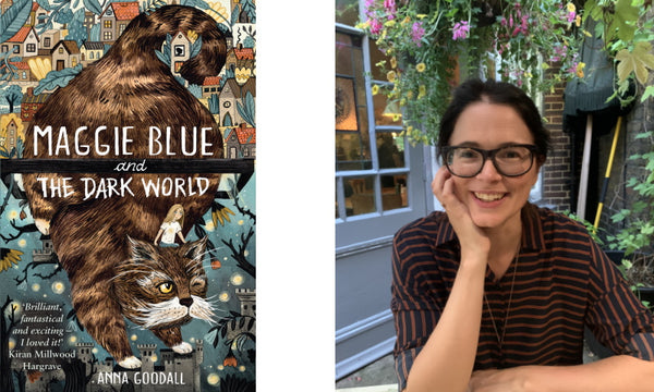 Maggie Blue and the Dark World by Anna Goodall. Book cover and author photo.