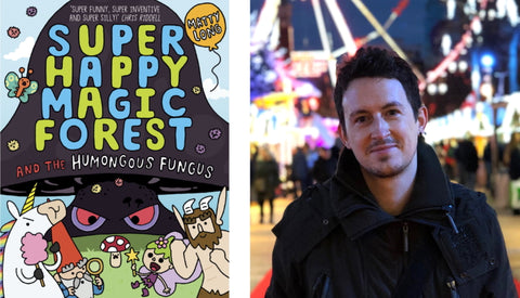 Matty Long, author and illustrator of Super Happy Magic Forest and his book cover.