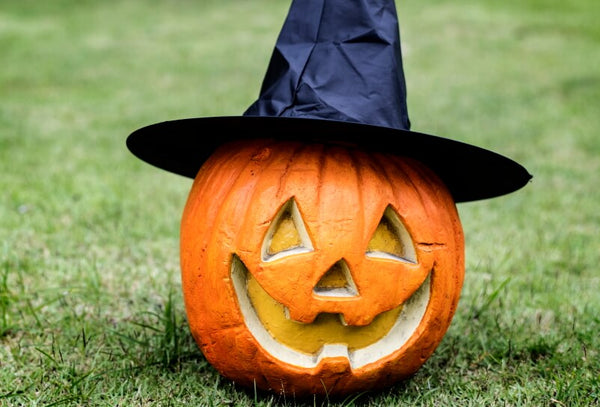 Carved pumpkin wearing a witch's hat