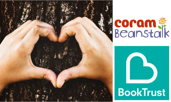 Hands making a heart showing support of Coram Beanstalk and Book Trust, UK literacy charities who's logos are featured