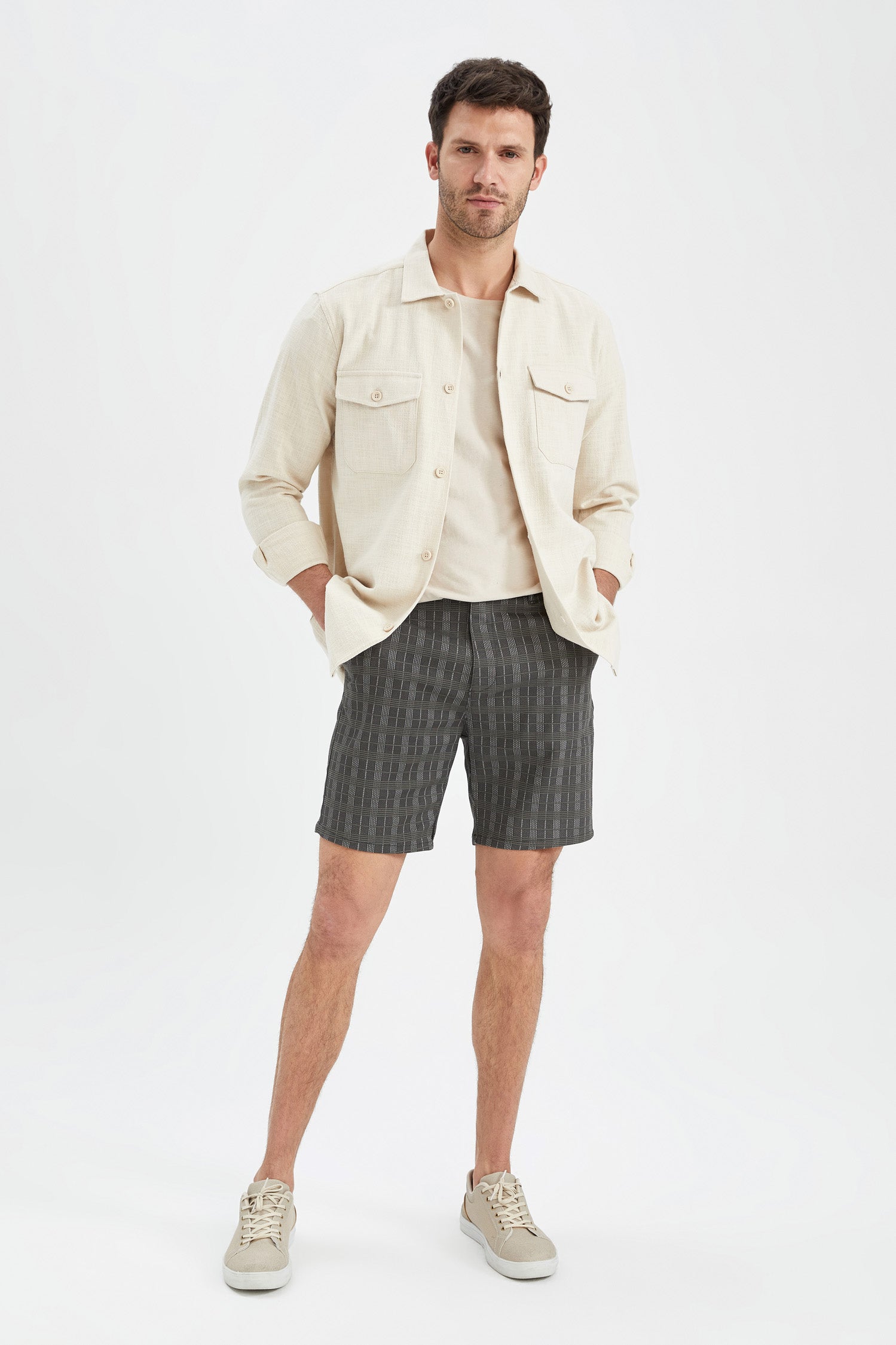 Slim Fit karierte Shorts - Anthrazit