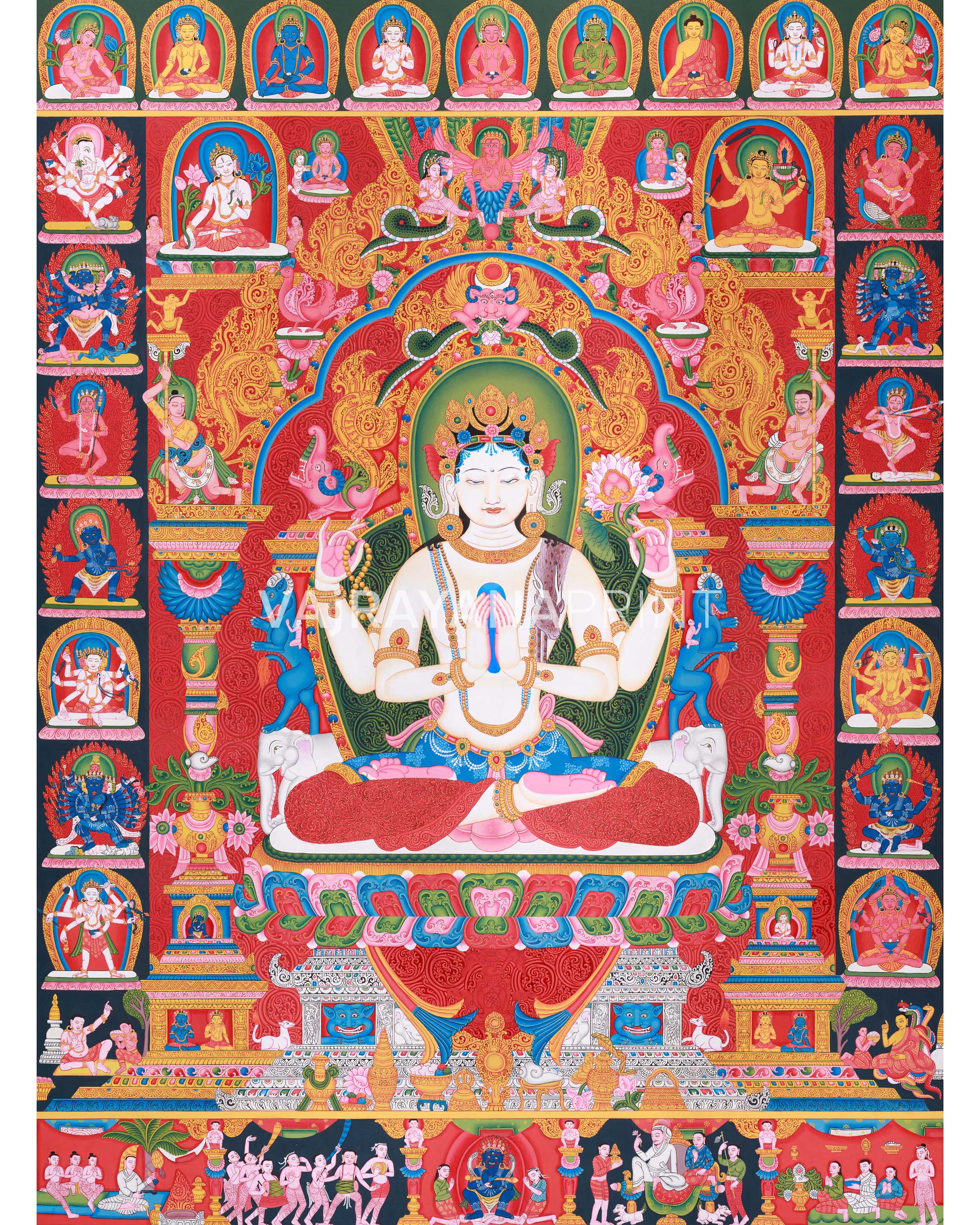 Thangka Print Of Avalokiteshvara | Artwork Of 4-Armed Chenrezig | The Bodhisattva of Compassion