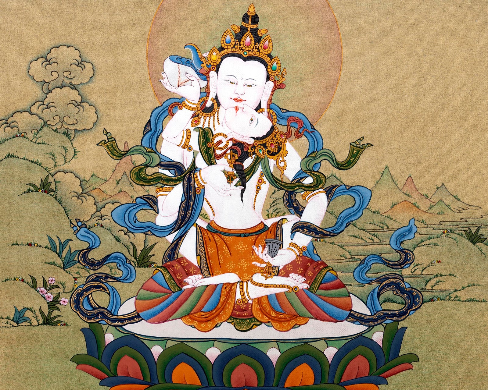 Vajrasattva Yab Yum Thangka | 24K Gold Tibetan Art