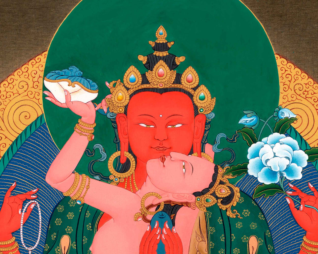 Red Chenrezig with Consort Thangka | Traditionally Hand Painted