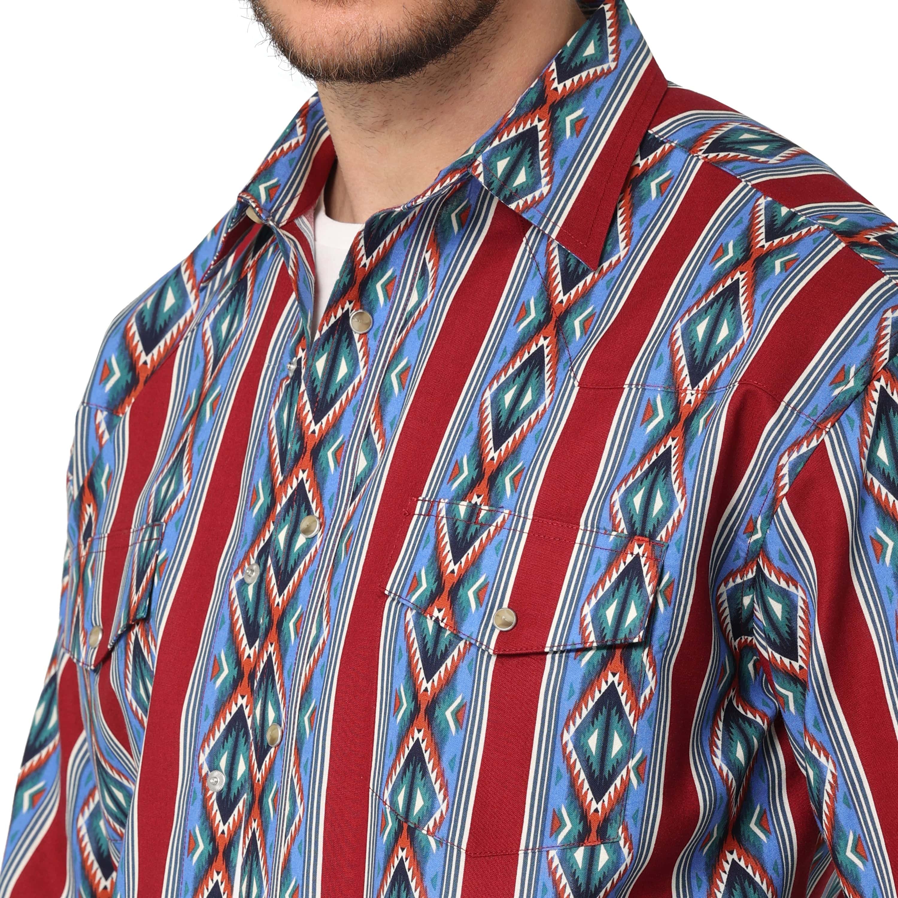 Wrangler Men's Checotah Burgundy Blue Multi Aztec Stripes Long Sleeve -  Russell's Western Wear, Inc.