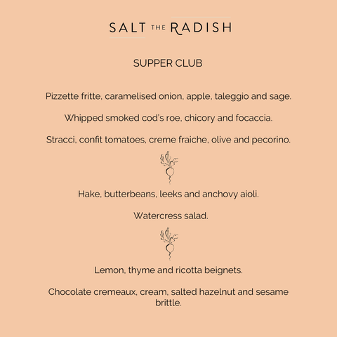 Pescatarian menu for Salt the Radish's seasonal supper club.