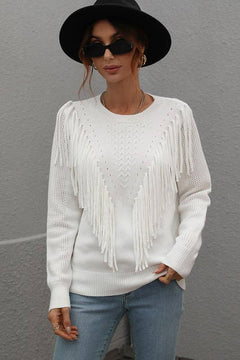 FRONT TASSEL KNIT SWEATER : CREAM/WHITE