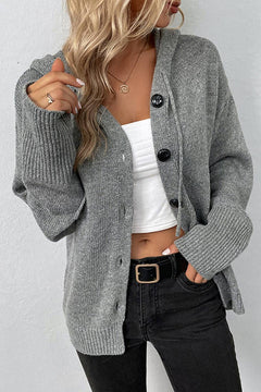 KNITTED HOODIE STYLE BUTTON DOWN CARDIGAN: GREY