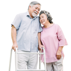 senior couple smiling at each other, one using a walker