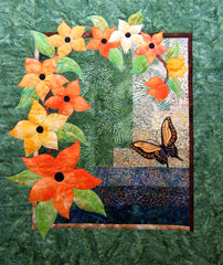 Array of Color - a flowery applique with butterfly on a color wash background