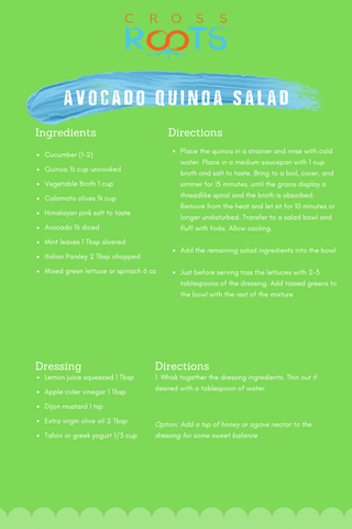 Avocado quinoa salad. Recipe for juice cleanse. Cross Roots Juice 
