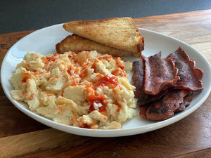 Scrambled Eggs Toast Turkey Bacon Just Right Eating