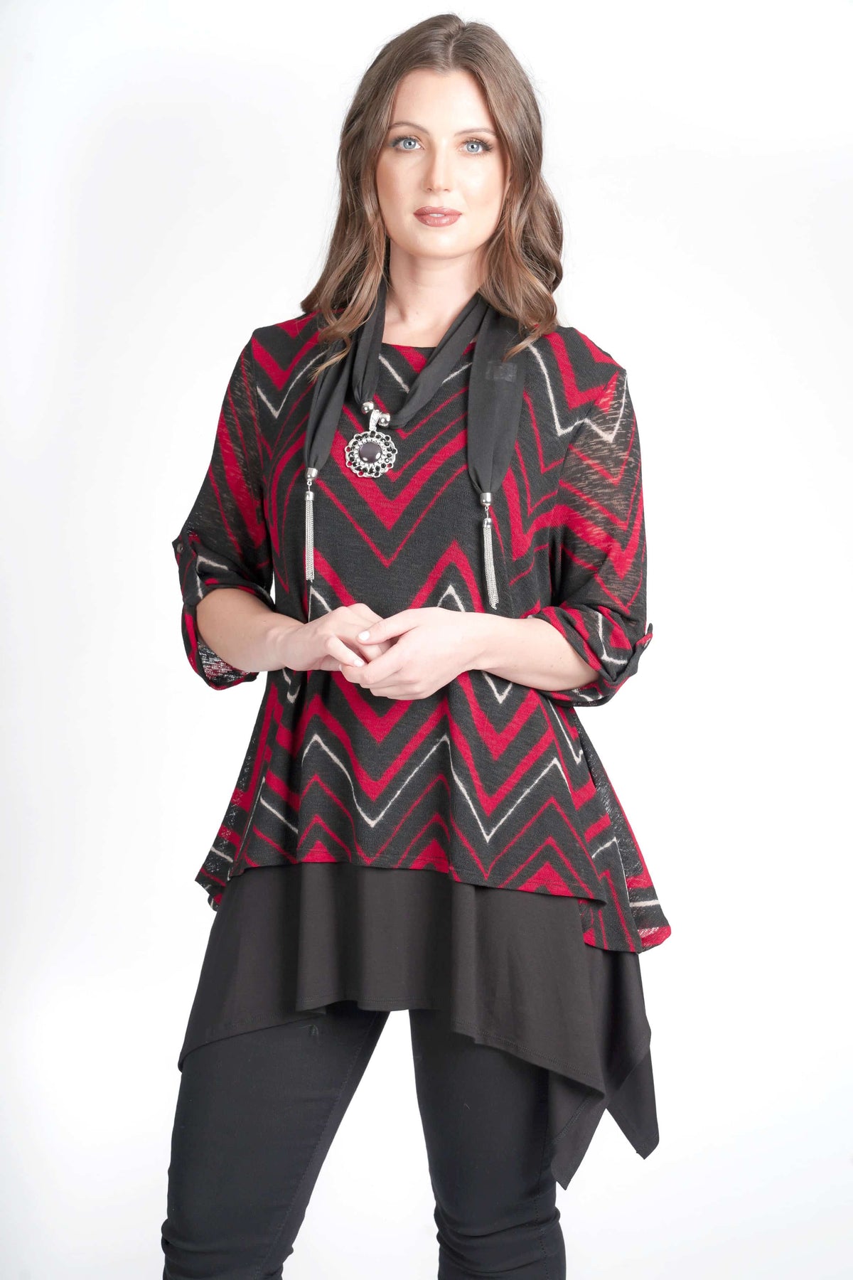 Saloos Top Red / 12 ZigZag Double Layered Top with Scarf