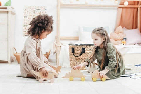 two children playing with wooden toys - play development