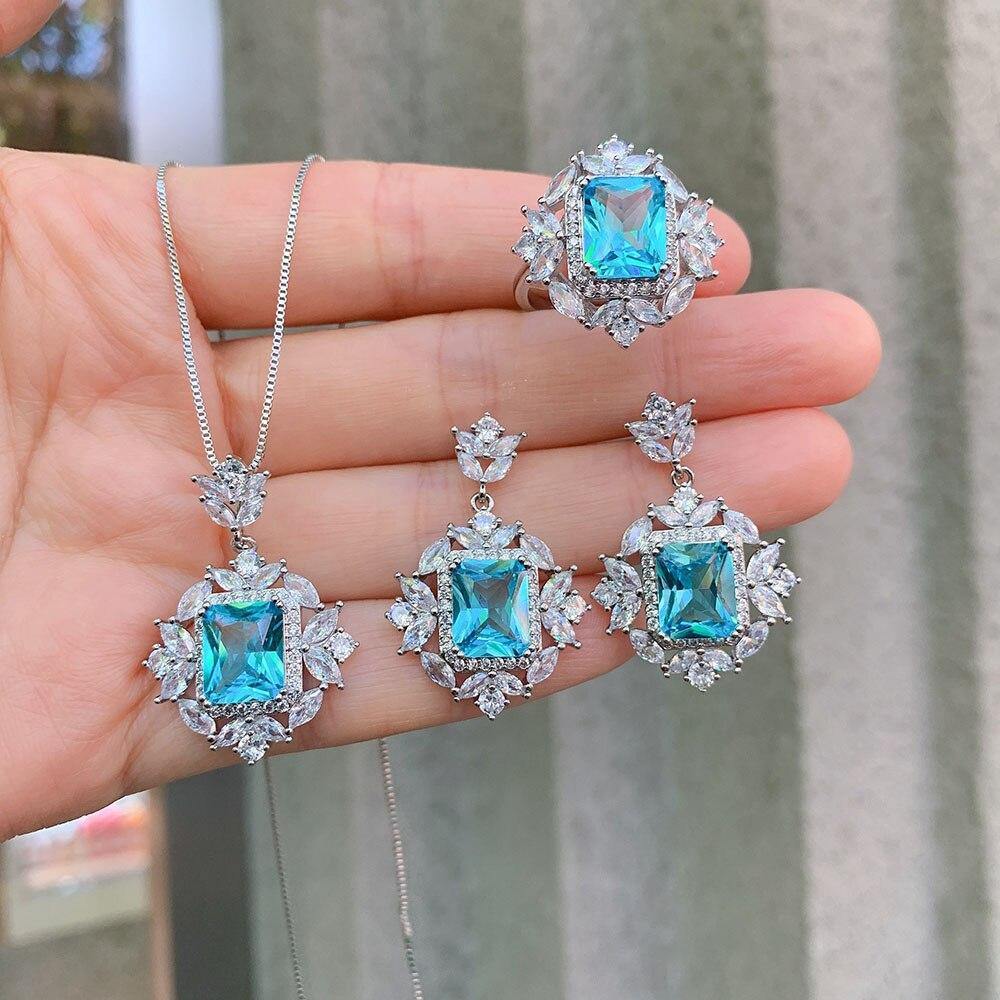 Sky Blue Aquamarine Australian Crystal 925 Silver Jewelry Set For Women  Party | eBay