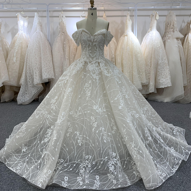 Luxury Champagne Lace Off Shoulders Poofy Ball Gown for Wedding Puffy  Wedding Dress 20082203