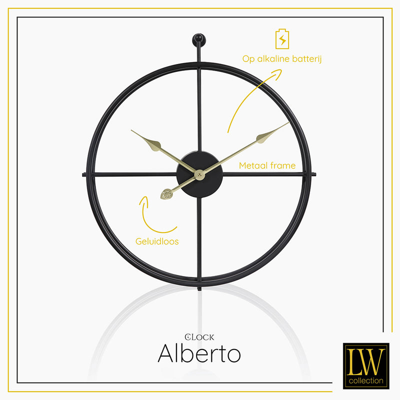 LW Collection Wandklok Alberto zwart met gouden wijzers 52cm - Wandklok modern - Stil uurwerk - industriële wandklok