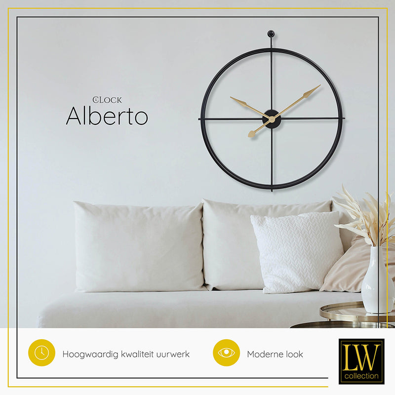 Minimaliseren Oproepen gemakkelijk LW Collection Wandklok XL Alberto zwart met gouden wijzers 80cm - Wand