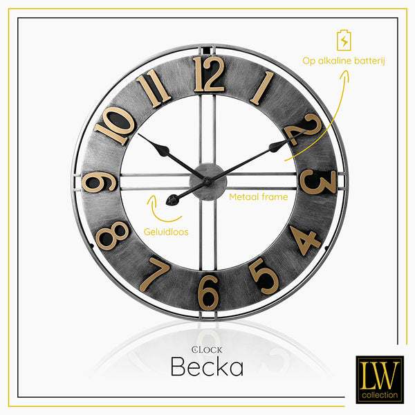 LW Collection Wandklok Becka grijs goud 60cm - Wandklok modern - Stil uurwerk - Industriële wandklok