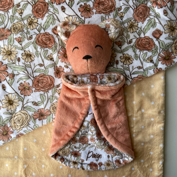 floral baby minky blanket and floral bear lovey