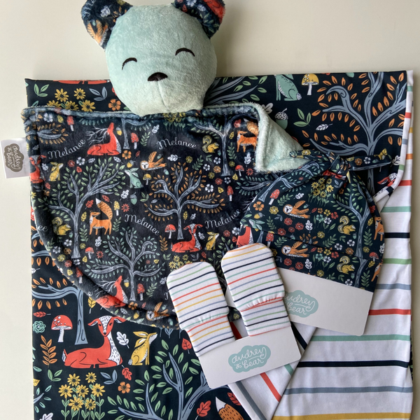 swaddle, hat and no-scratch mittens with matching bear lovey