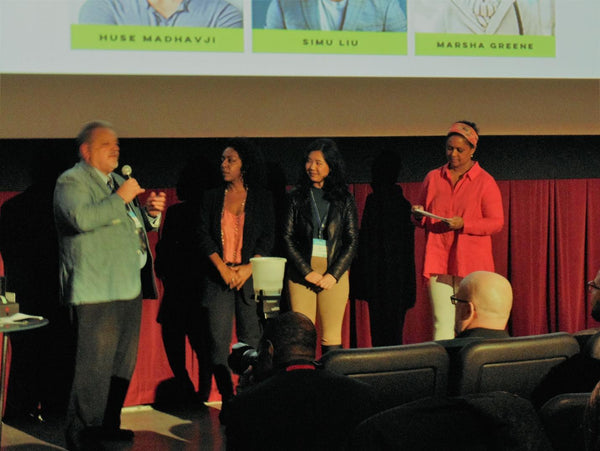 Trailblazer recipients Marsha Green and Samantha Wan receiving their Pierre Laurent Award Cinema watches by Jay Cameron, Director Sales and Marketing Pierre Laurent and Tonya Williams, Founder and Director of Reelword Festival