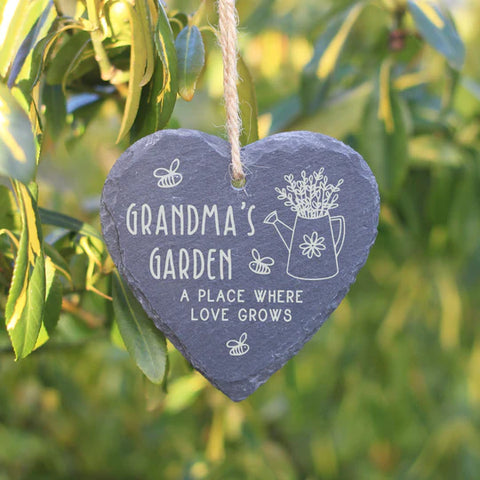 Personalised 'A Place Where Love Grows' Hanging Heart Slate Garden Sign