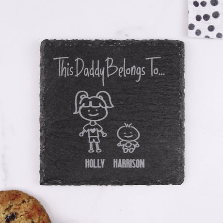 Personalised "This Daddy Belongs To "Slate Square Coaster