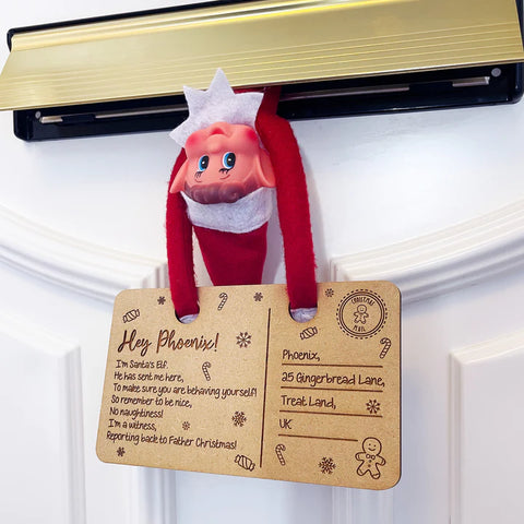 Personalised Illustrated Wooden Elf Arrival Postcard with Gingerbread Man Stamp