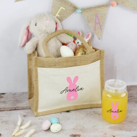 Personalised Easter Bunny Tail Jute Bag with Matching Tumbler & Straw