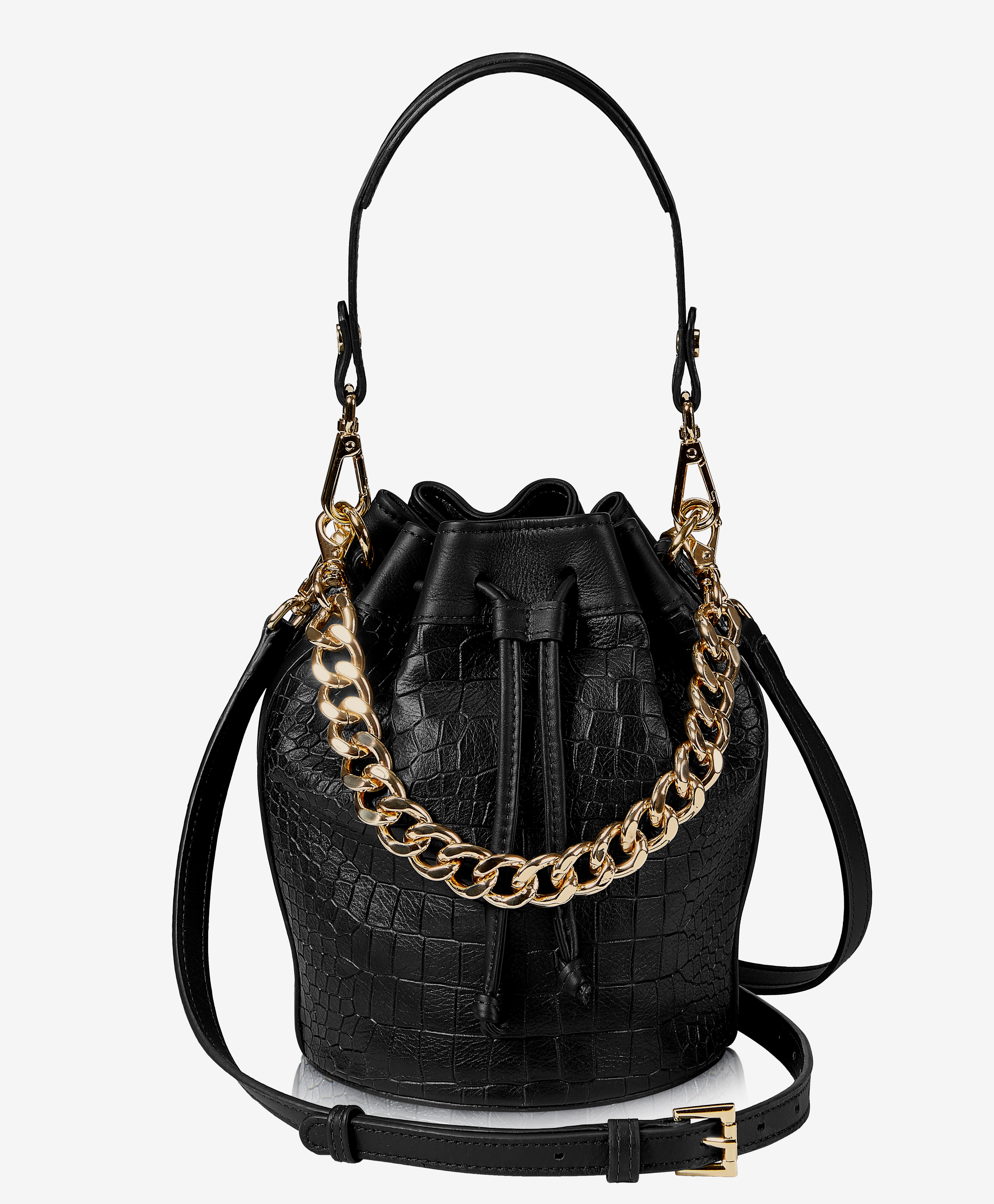 GiGi New York Brooklyn Bucket Bag Black Embossed Nappa Croc