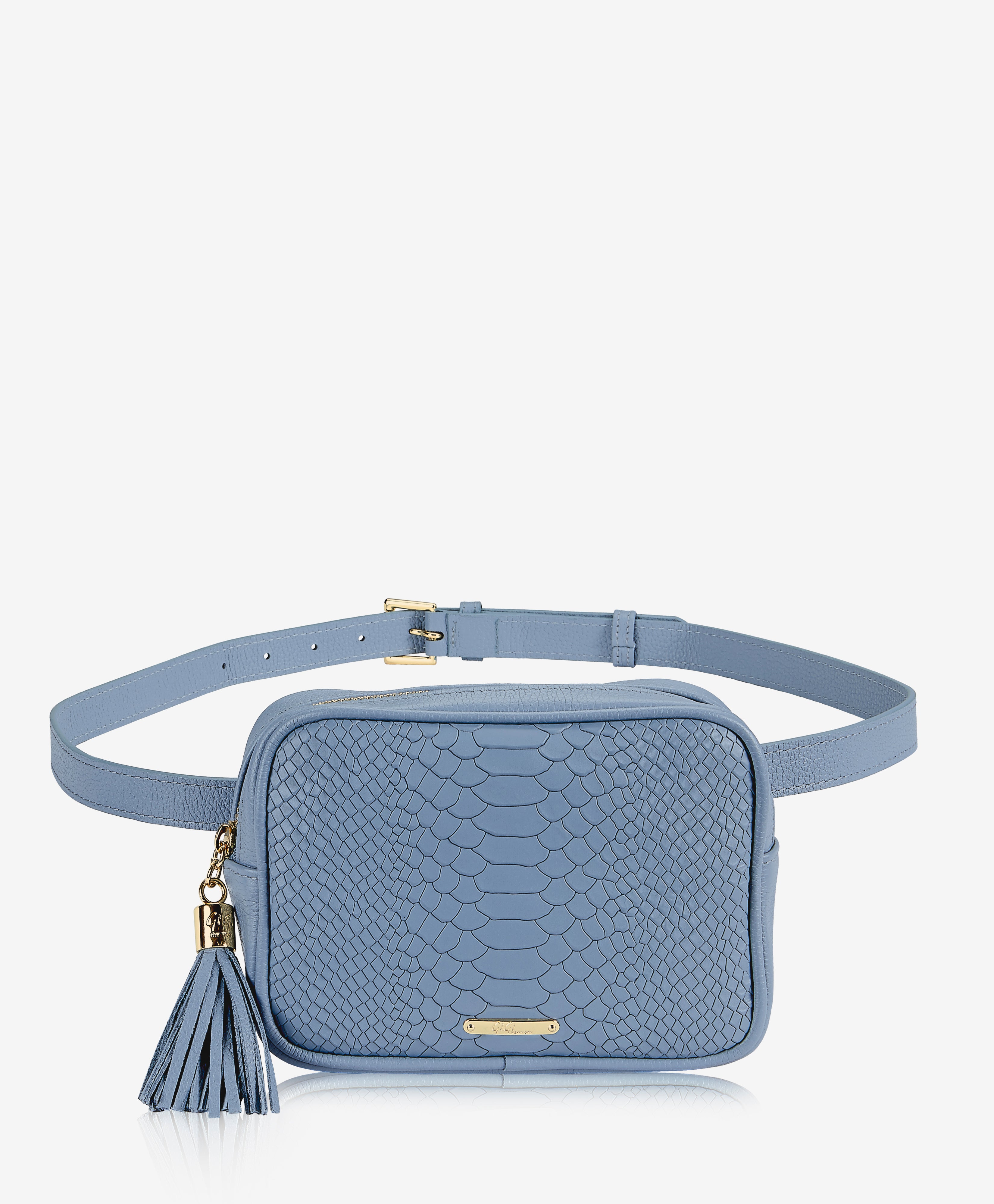 GiGi New York Kylie Belt Bag Slate Blue Embossed Python Leather