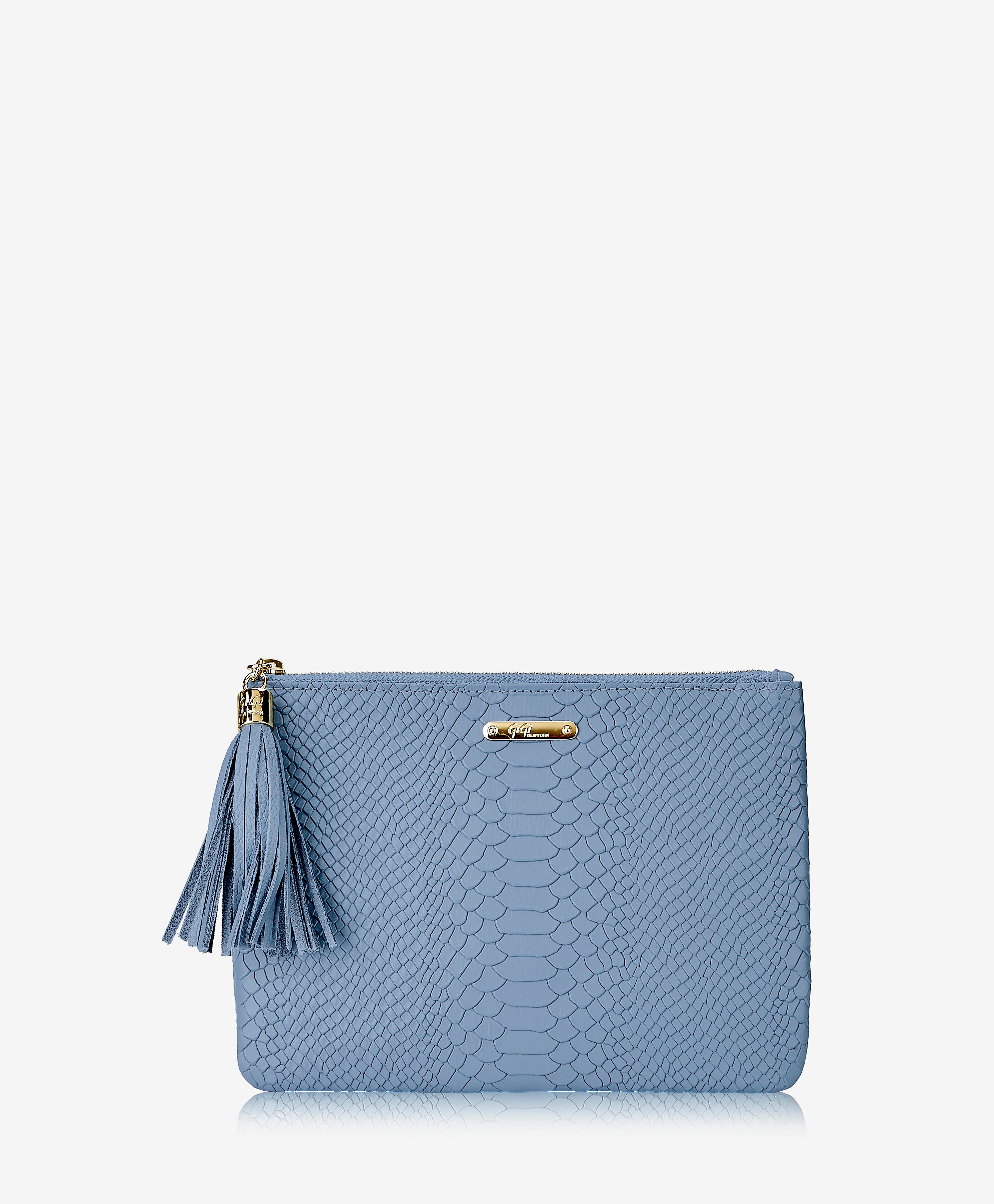 GiGi New York All In One Clutch Bag Slate Blue Embossed Python Leather