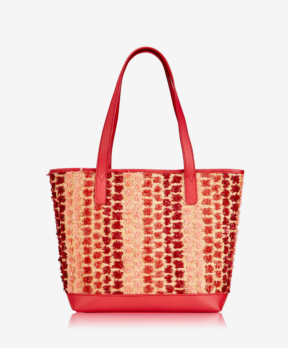 GiGi New York Baja Tote Red Pom Pom Raffia With Pebble Grain Leather