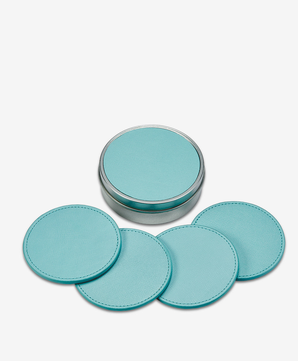 GiGi New York 4 Coasters With Tin Box Robin's Egg Blue Embossed