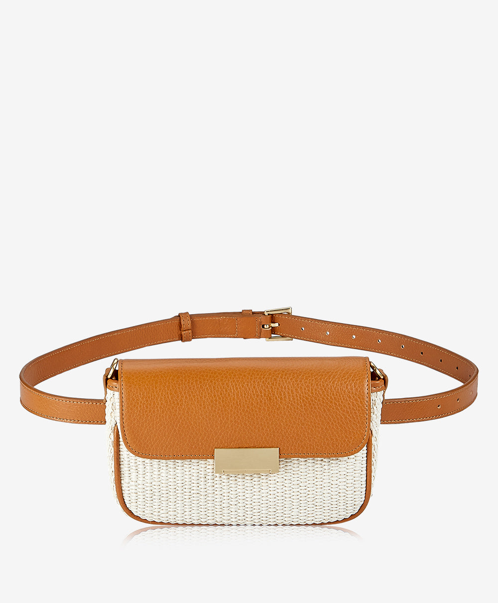 GiGi New York Carrie Crossbody Belt Bag Natural Raffia With Camel Trim