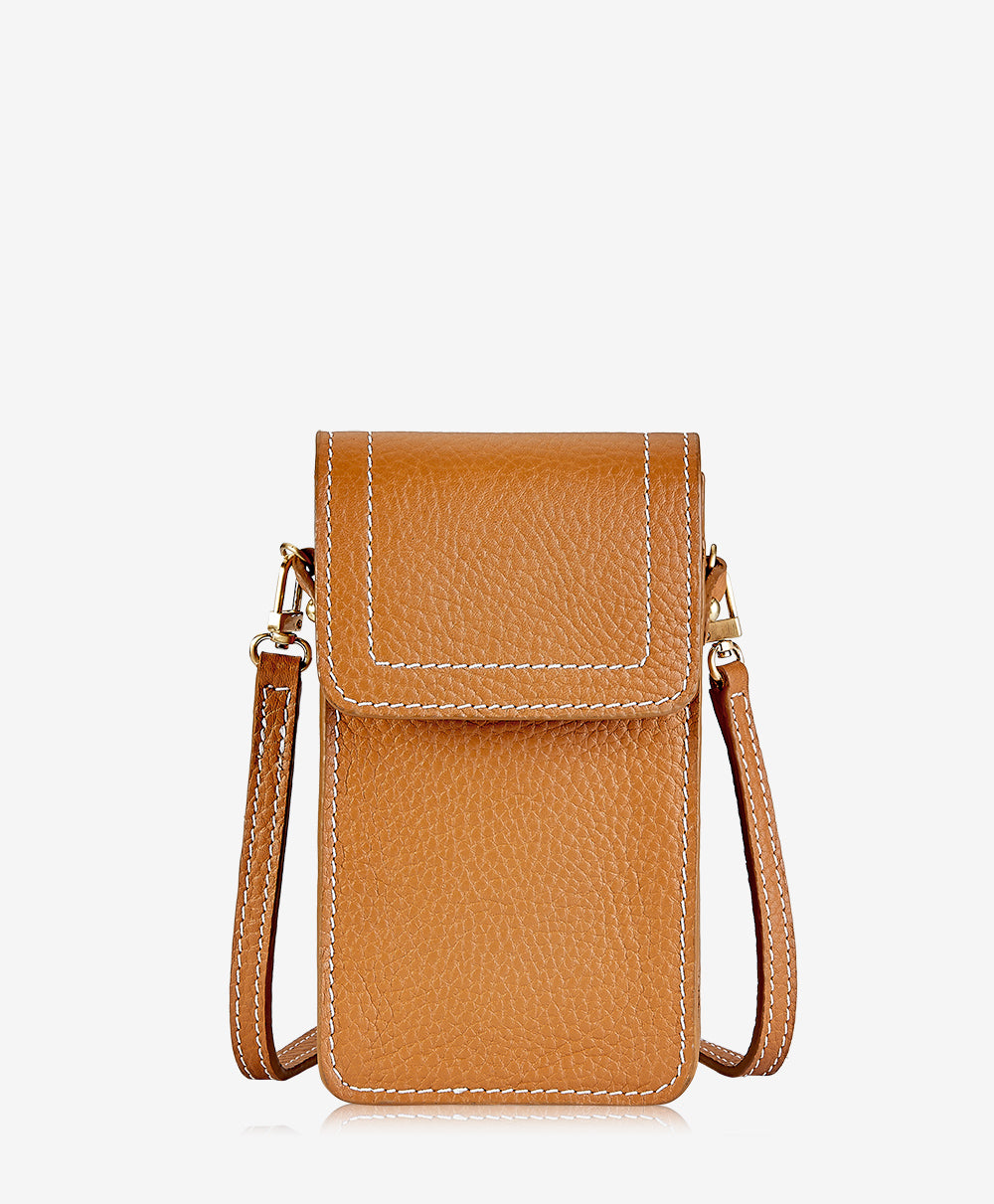 GiGi New York Liv Phone Crossbody Tan Pebble Grain Leather