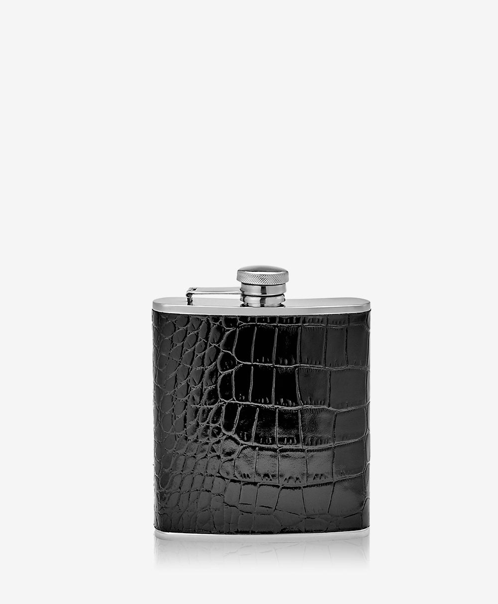 GiGi New York 6 Oz Flask Black Crocodile Embossed