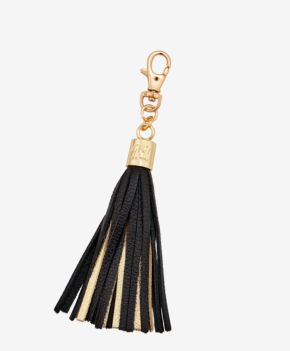 Leather Tassel Key Chain | Black and Gold Leather