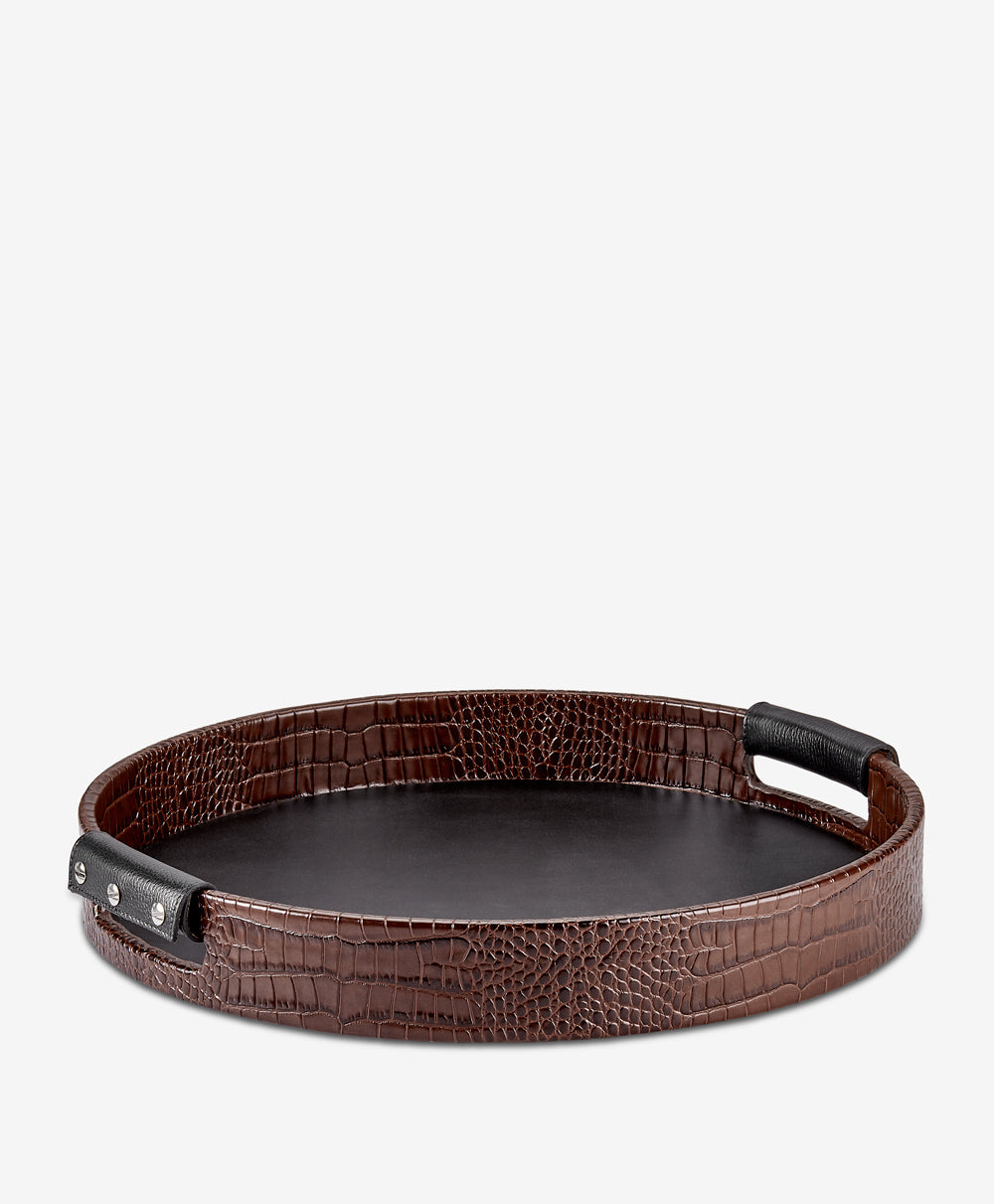 GiGi New York Round  Tray Brown Crocodile Embossed