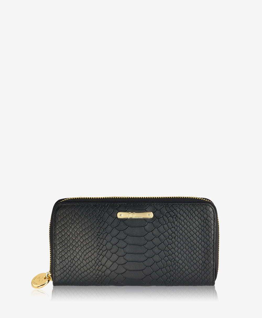 GiGi New York Large Zip Around Wallet Black Embossed Python Leather