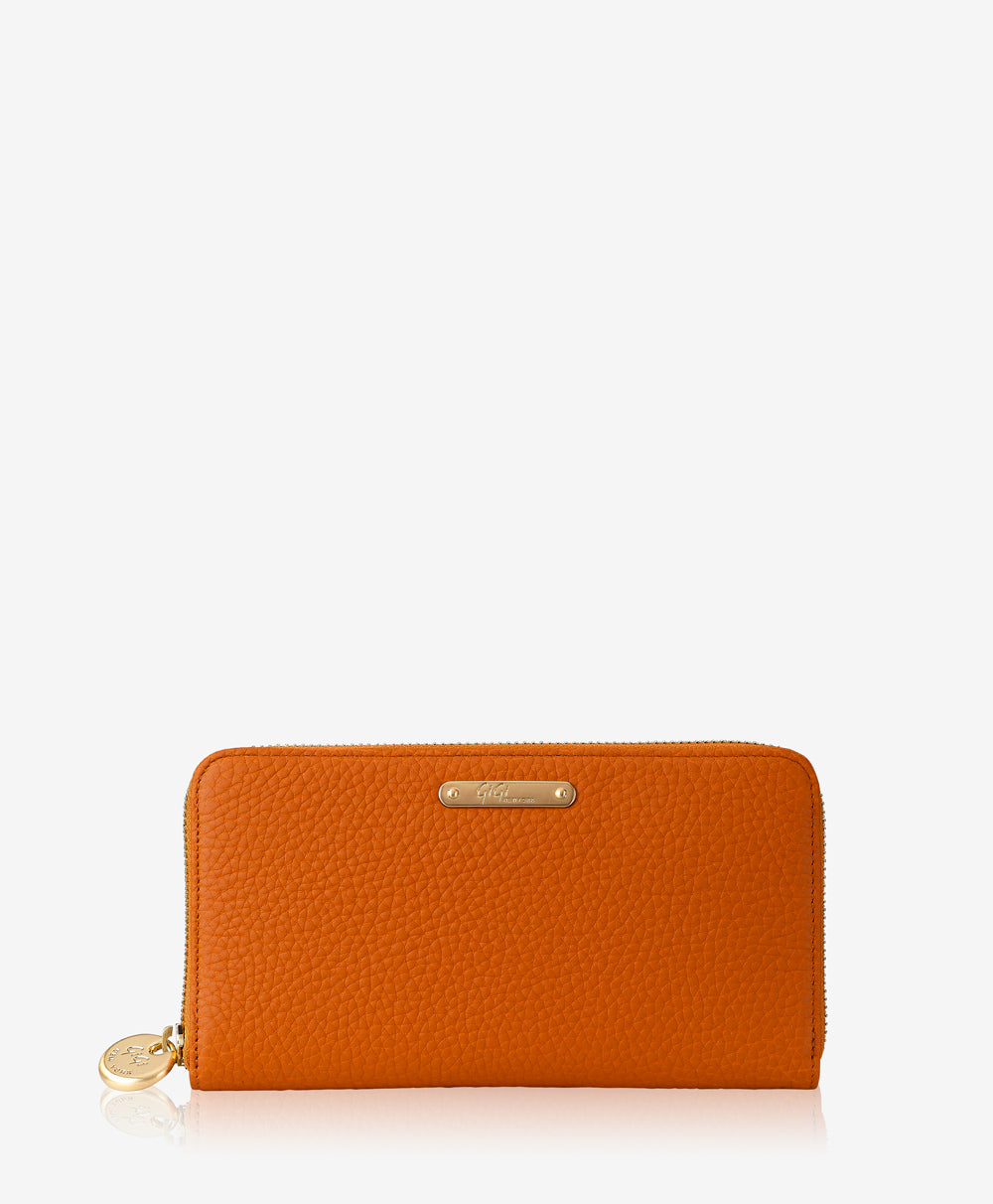 GiGi New York Large Zip Around Wallet Orange Pebble Grain Leather